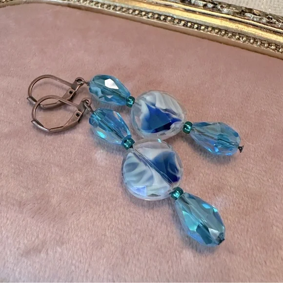 Handmade Antique Copper Teal Blue Green Glass Long Boho Earrings Leverback - Picture 6 of 10